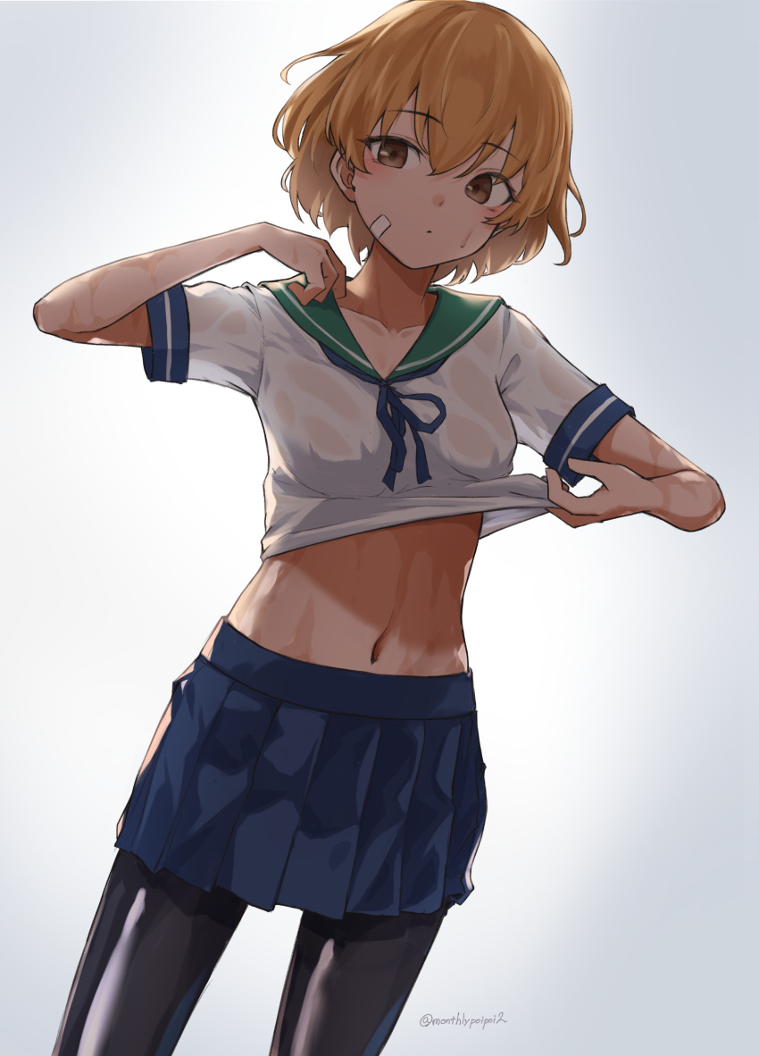 absurdres bandaid bandaid_on_face blue_neckerchief blue_skirt brown_eyes brown_hair clothes_lift commentary female gradient_background green_sailor_collar grey_background hair_between_eyes highres kantai_collection midriff neckerchief oboro_(kancolle) pleated_skirt sailor_collar sailor_shirt school_uniform serafuku shirt shirt_lift short_hair short_sleeves simple_background skirt solo standing sweat umibudou white_shirt