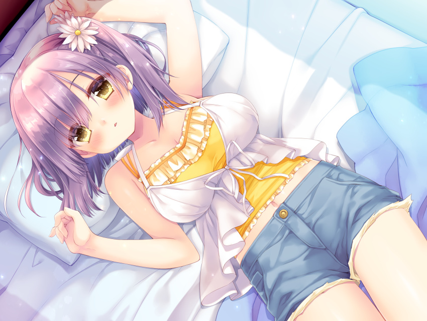 absurdres arms_up bare_arms bed_sheet blanket blue_shorts breasts collarbone denim denim_shorts female flower hair_flower hair_ornament highres large_breasts looking_at_viewer lying medium_hair miyasu_risa navel non-web_source on_back on_bed original parted_lips pillow purple_hair shirt short_shorts shorts solo white_shirt yellow-eyed_bunny_girl_(dduck_kong) yellow_shirt