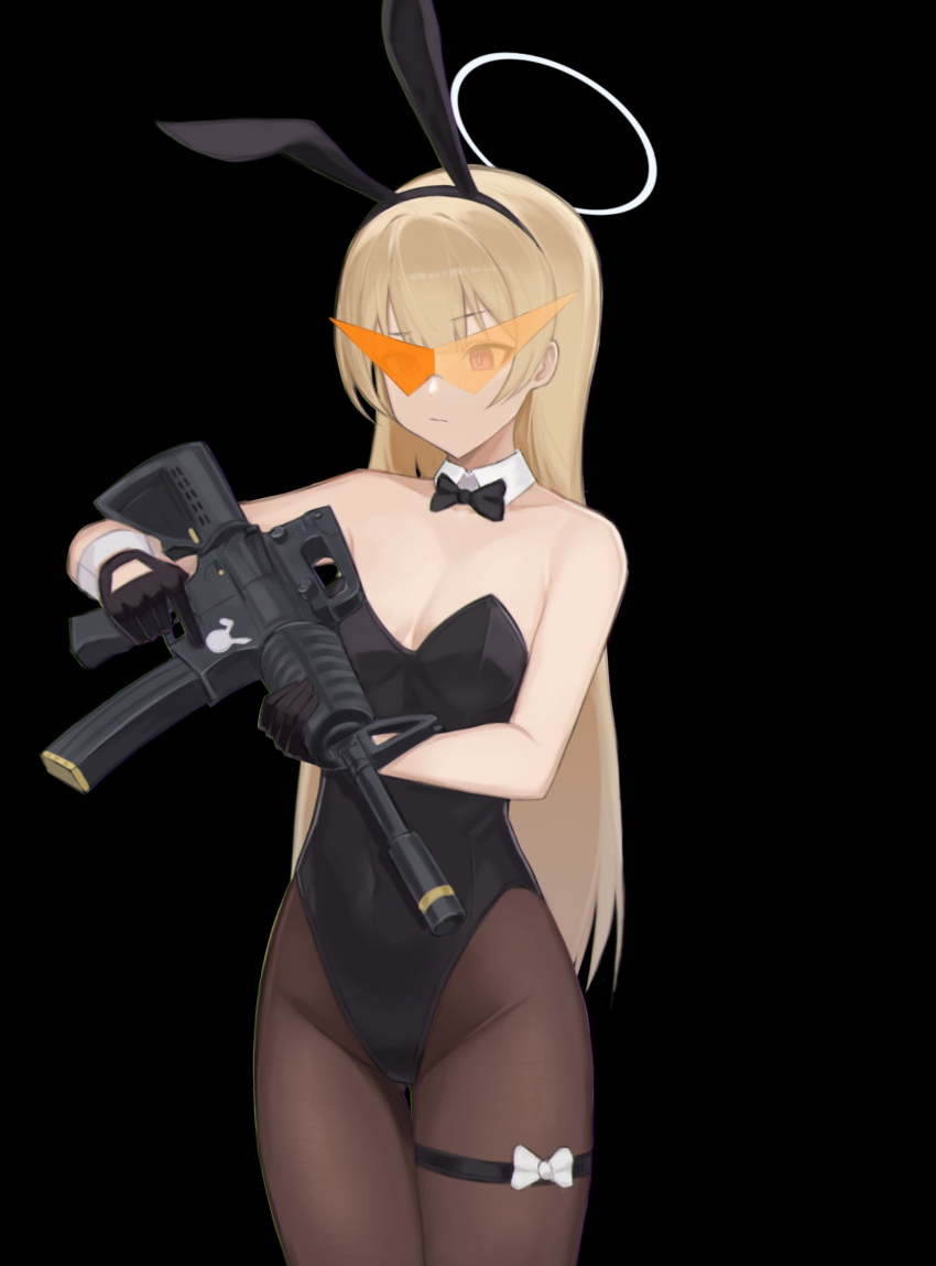 absurdres animal_ears assault_rifle bajigurr black_background black_bow black_bowtie black_gloves black_hairband black_leotard blonde_hair blue_archive bow bowtie breasts bunny_girl_guard_(sr)_(blue_archive) cleavage covered_navel detached_collar eyes_visible_through_eyewear fake_animal_ears gloves gun hairband halo highres kamina_shades leotard long_hair pantyhose playboy_bunny rabbit_ears rifle second-party_source simple_background standing strapless strapless_leotard thigh_strap tinted_eyewear weapon white_halo