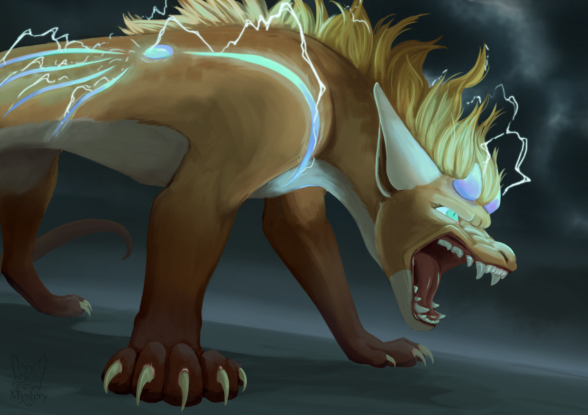 absurd_res bared_teeth claws electricity electricity_manipulation elemental_manipulation female feral glowing glowing_eyes hi_res horn lightning markings mystery_(artist) naolu snarling solo storm