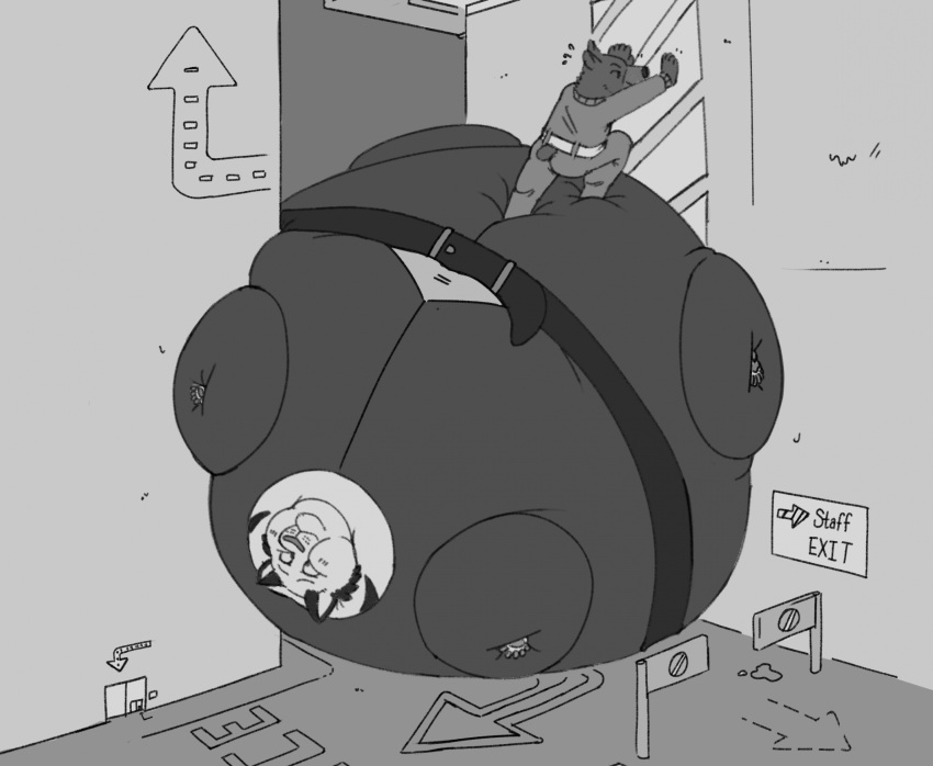 american_black_bear anthro barnem barnem_(character) bear belt black_bear bodily_fluids body_inflation cheek_bulge cinnamon_bear clothed clothing directional_arrow door duo english_text exit_sign felid flying_sweatdrops fur greyscale hi_res immobile inflation inside leucistic lying male mammal monochrome no_symbol on_back pantherine pushing rolling sign simon_otis_thompson spherical_inflation standing standing_on standing_on_another strange_architecture striped_body striped_fur stripes stuck sweat sweatdrop text tiger ursine