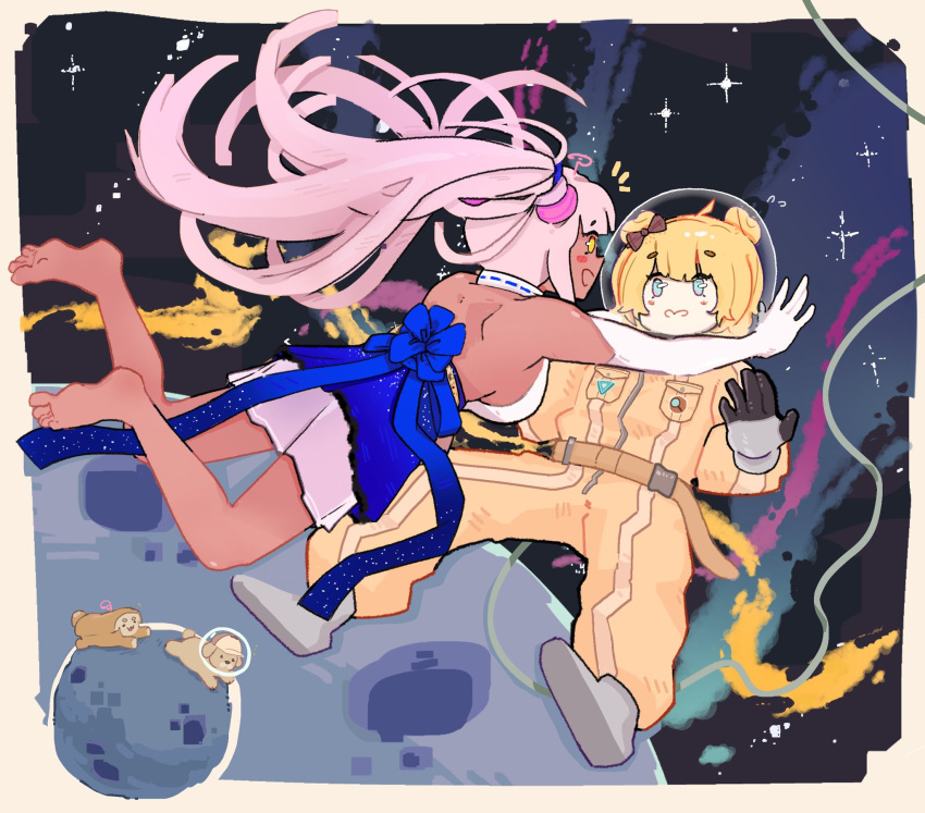 2girls addendium astronaut back backless_outfit bare_legs barefoot belt blonde_hair blue_eyes blush border breasts brown_belt bubba_(watson_amelia) canine double_bun elbow_gloves face-to-face floating_hair full_body gloves grey_footwear hair_bun hashtag-only_commentary helmet highres hikimayu hololive hololive_english jumping long_hair mascot multiple_girls official_alternate_costume official_alternate_hairstyle open_mouth pink_hair profile sanallite_(tsukumo_sana) short_eyebrows short_hair sideboob space space_helmet spacesuit sparkle straight_hair trait_connection tsukumo_sana tsukumo_sana_(1st_costume) very_long_hair virtual_youtuber watson_amelia watson_amelia_(astronaut) white_gloves yellow_eyes