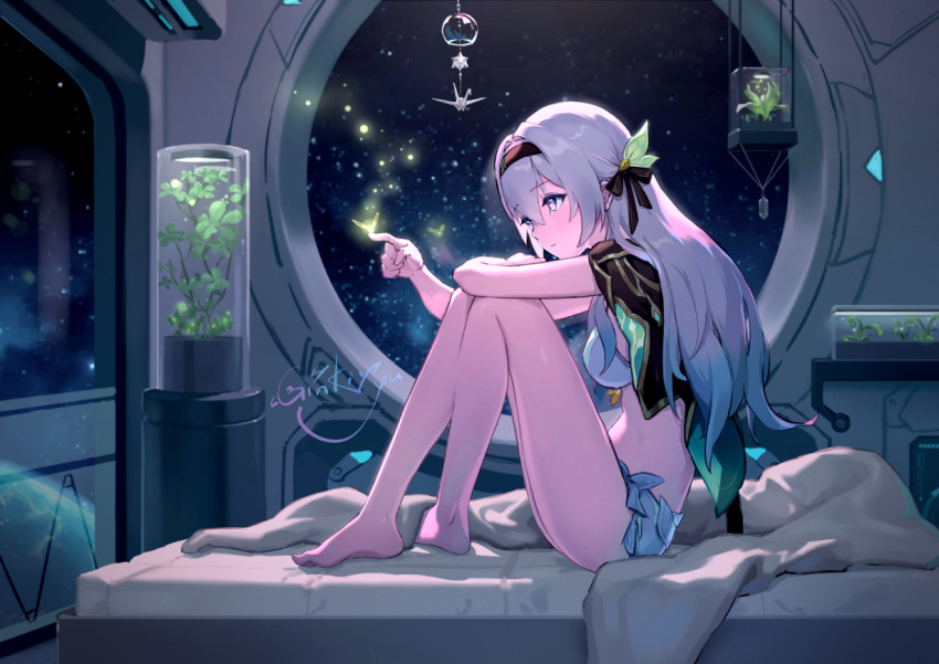 barefoot bed black_hairband bra breasts closed_mouth cropped_jacket female fireflies firefly_(honkai:_star_rail) full_body grey_hair hair_between_eyes hair_intakes hair_ornament hairband honkai:_star_rail honkai_(series) indoors kyouran_de_onikoushi long_hair medium_breasts pantyhose plant sitting solo space two-tone_eyes underwear white_bra white_pantyhose