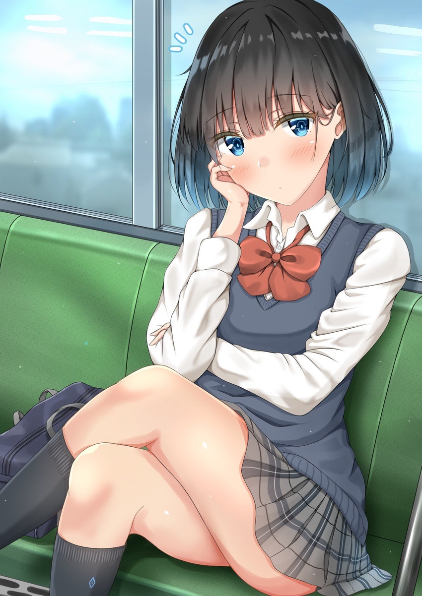 bag black_hair black_socks blue_eyes blue_sweater_vest bow check_commentary closed_mouth collared_shirt commentary_request crossed_arms crossed_legs expressionless feet_out_of_frame female grey_skirt hand_on_own_face highres original pleated_skirt red_bow school_bag school_uniform shirt sitting skirt socks solo sunsun2812 sweater_vest thighs train_interior white_shirt window