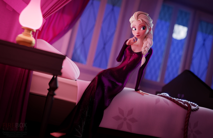 1girls bedroom blonde_hair blue_eyes braided_ponytail clothing disney dress elsa_(frozen) eyelashes eyeshadow female female_only finger_to_chin fireboxstudio frozen_(film) frozen_2 light_skin long_hair medium_breasts night pajamas pale_skin petite purple_eyeshadow red_lipstick royalty slim small_breasts solo very_high_resolution