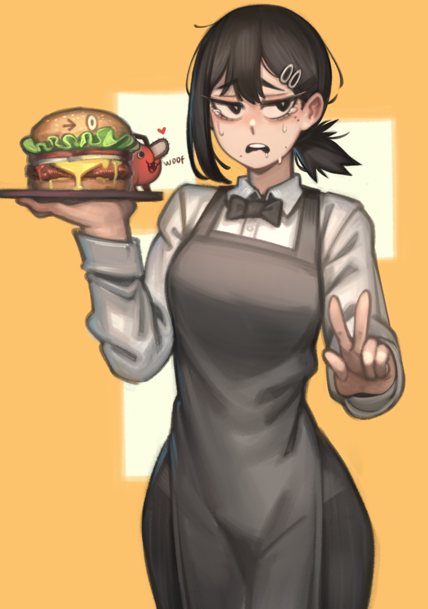 >_o abstract_background absurdres apron black_apron black_bow black_bowtie black_eyes black_hair black_pants bow bowtie breasts burger chainsaw chainsaw_man collared_shirt demon dress_shirt family_burger_(chainsaw_man) family_burger_mascot_(chainsaw_man) female food hair_ornament hairclip heart higashiyama_kobeni highres holding holding_plate kelvin_hiu low_ponytail medium_breasts mole mole_on_cheek mole_under_eye mole_under_mouth multiple_moles one_eye_closed pants plate pochita_(chainsaw_man) shirt short_hair short_ponytail sound_effects tearing_up teeth uniform v waitress yellow_background