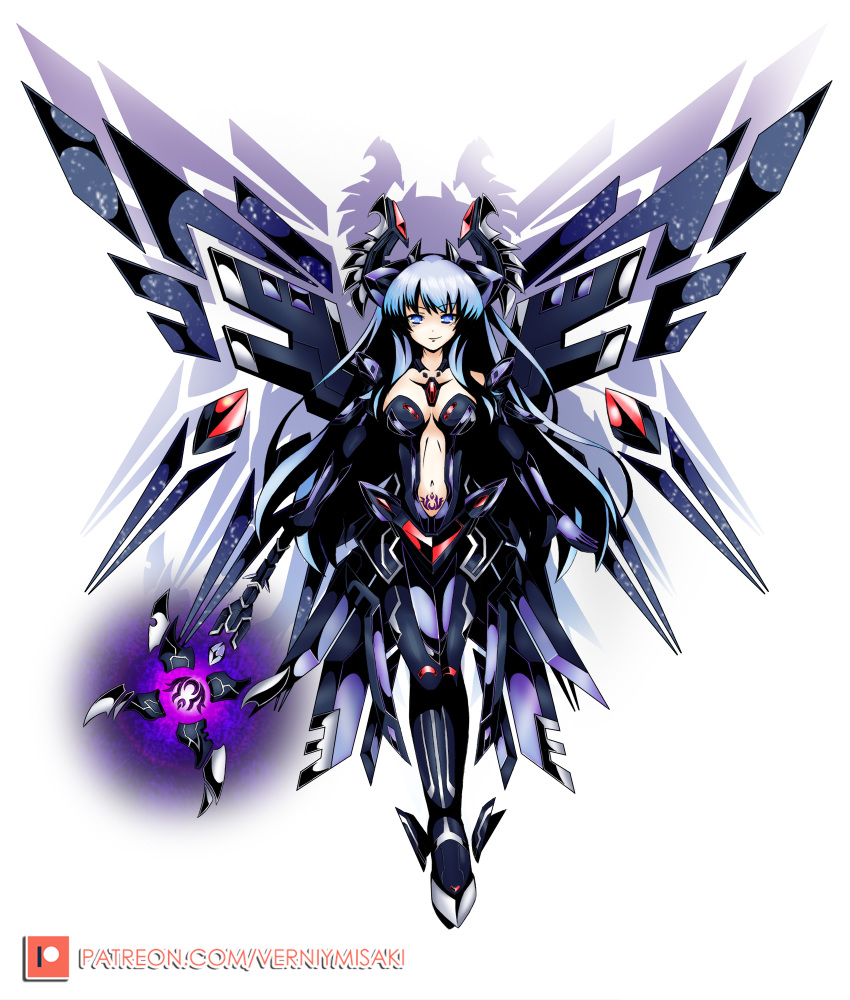 alternate_costume bare_shoulders blue_eyes blue_hair breasts cleavage commentary female gem gloves hair_between_eyes hair_ornament highres kiseijou_rei kiseijou_rei_(goddess_form) long_hair looking_at_viewer mechanical_wings navel neptune_(series) patreon_username photoshop_(medium) simple_background smile solo staff symbol-shaped_pupils verniy_misaki very_long_hair white_background wings