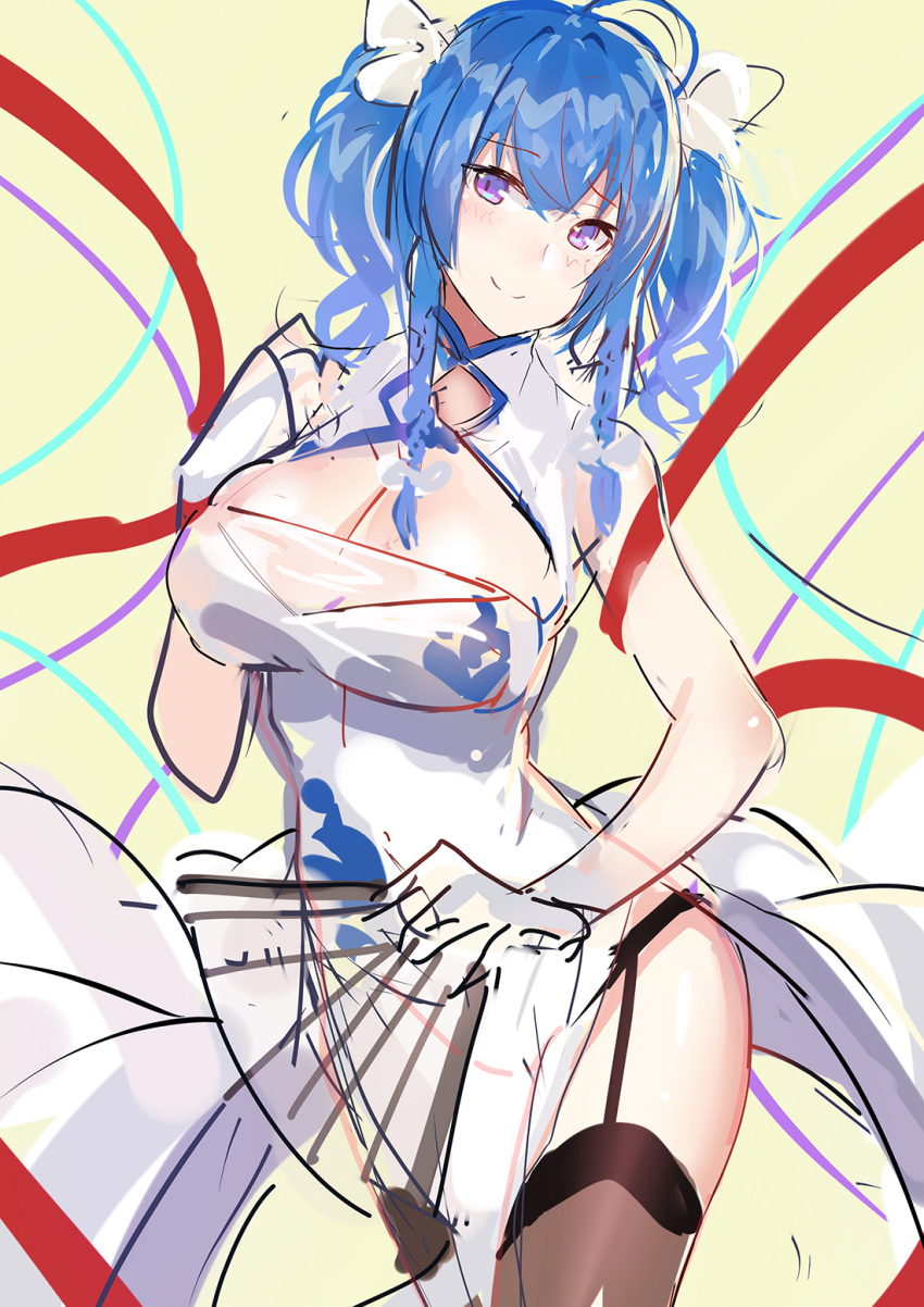 azur_lane black_thighhighs blue_hair blush bow breasts china_dress chinese_clothes cleavage dress echj female folding_fan gloves hair_ornament hair_ribbon hairbow hand_fan highres holding holding_fan large_breasts long_hair looking_at_viewer official_alternate_costume photoshop_(medium) ribbon simple_background smile solo st._louis_(azur_lane) st._louis_(blue_and_white_pottery)_(azur_lane) strap strapless strapless_dress thighhighs thighs tight_clothes white_dress white_gloves