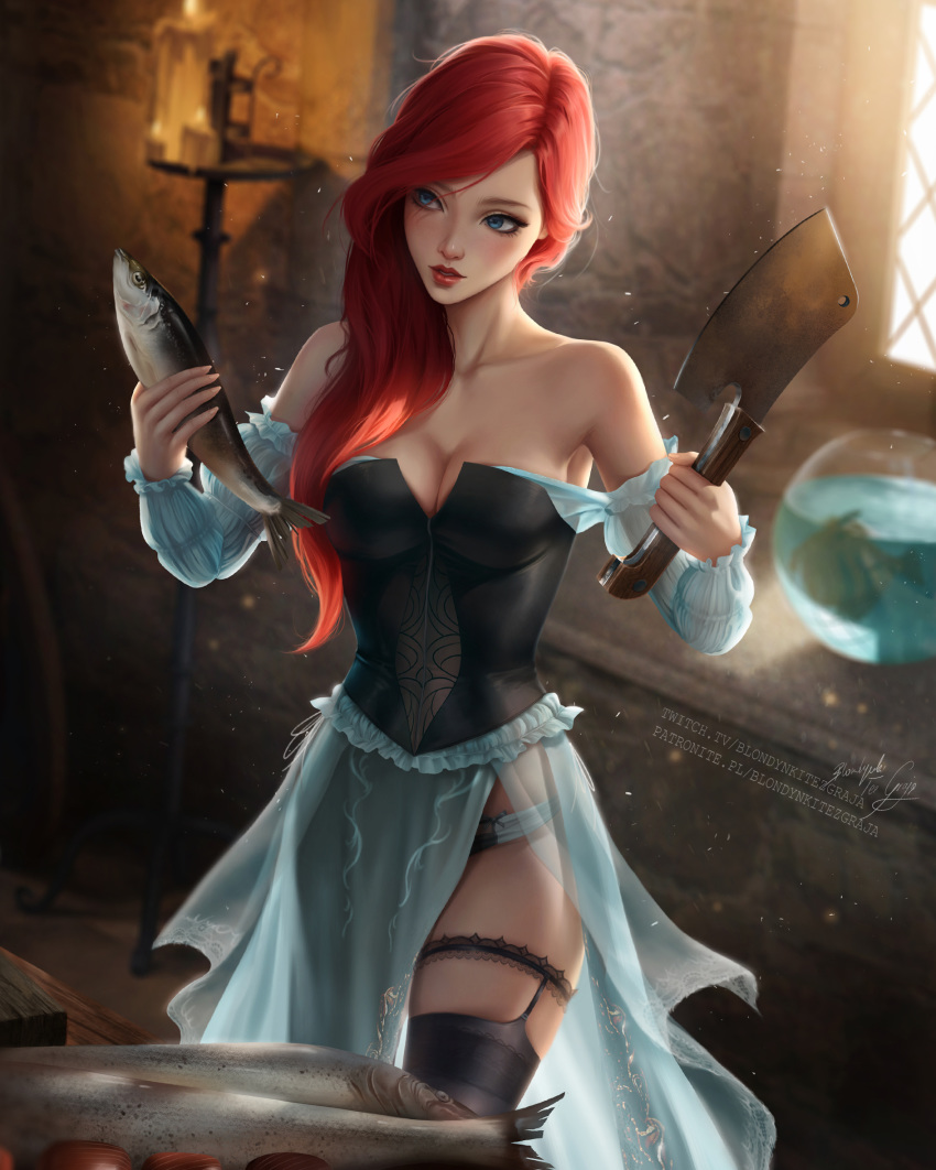 animal ariel_(disney) bare_shoulders black_thighhighs blondynkitezgraja blue_dress blue_eyes blurry blush breasts candle candlelight candlestand cleavage collarbone commentary cowboy_shot cutting_board depth_of_field dress english_commentary female fish fishbowl frills garter_straps highres holding holding_animal holding_fish holding_knife indoors kitchen_knife knife long_hair long_sleeves looking_away medium_breasts off-shoulder_dress off_shoulder parted_lips photoshop_(medium) red_hair red_lips see-through side_slit signature skindentation solo the_little_mermaid thigh_strap thighhighs wall watermark web_address window