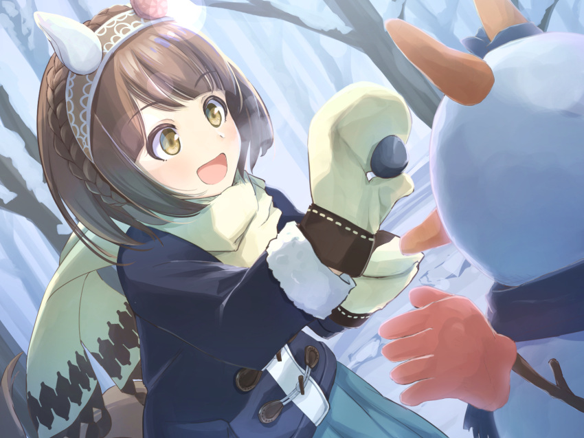 animal_ears blush braid breasts brown_hair commentary_request crown_braid female headband heavy_breathing highres horse_ears horse_girl karajio medium_breasts mittens open_mouth outdoors school_uniform snowman solo tree umamusume winter_clothes yukino_bijin_(umamusume)