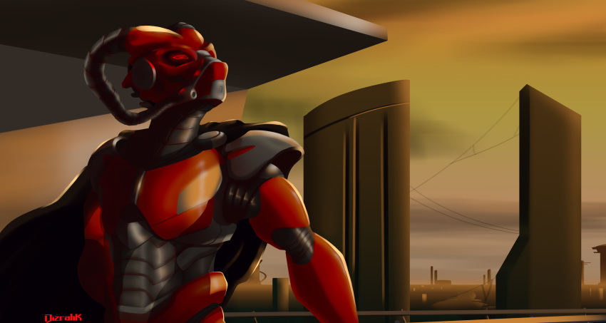 2020 absurd_res armor bionicle building cape city city_background clothed clothing detailed_background digital_media_(artwork) dizrahk_(artist) front_view hi_res humanoid landscape lego looking_up machine male not_furry outside red_body red_eyes robot robot_humanoid sidorak simple_background sky solo spider_web standing