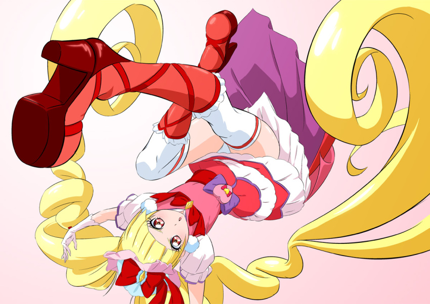 absurdly_long_hair aisaki_emiru arms_up blonde_hair blunt_bangs boots bow cure_macherie eyelashes female floating_hair frilled_boots frills fuchi_(nightmare) gloves gradient_background hairbow high_heel_boots high_heels hugtto!_precure knee_boots layered_skirt long_hair looking_at_viewer miniskirt open_mouth pink_background precure red_bow red_eyes red_footwear short_sleeves skirt solo thighhighs very_long_hair white_background white_gloves white_sleeves white_thighhighs zettai_ryouiki