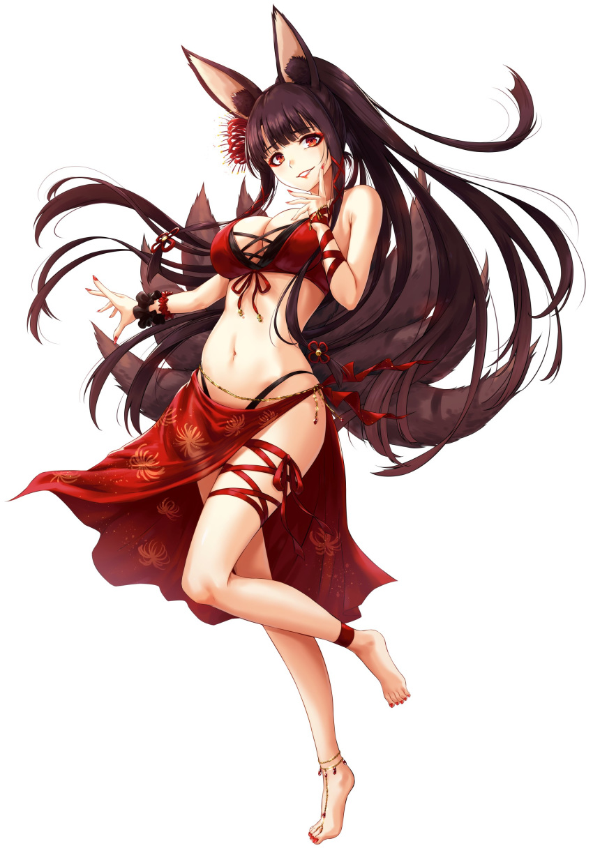 absurdres akagi_(azur_lane) akagi_(paradise_amaryllis)_(azur_lane) alternate_costume alternate_hairstyle animal_ear_fluff animal_ears ankleband anklet azur_lane bare_shoulders barefoot barefoot_sandals_(jewelry) belly_chain bikini black_scrunchie blush bracelet breasts brown_hair cleavage eyeliner feet female floating_hair floral_print flower fox_ears fox_tail full_body hair_flower hair_ornament hand_up highleg highleg_bikini highres jewelry large_breasts leg_ribbon long_hair looking_at_viewer makeup multiple_tails nail_polish navel official_alternate_costume parted_lips ponytail red_bikini red_eyes red_nails red_sarong ribbon sakiyamama sarong scrunchie simple_background smile solo stomach swimsuit tail thigh_ribbon toe_ring toenail_polish toenails very_long_sleeves white_background wrist_ribbon wrist_scrunchie