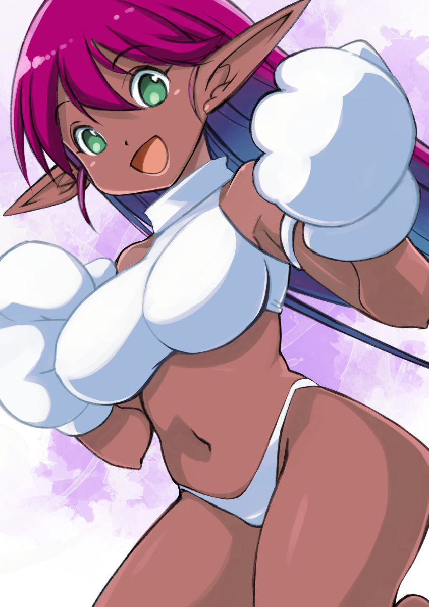 :d absurdres alternate_color aqua_eyes bare_shoulders bikini breasts dark-skinned_female dark_skin female galaxy_fight gloves hair_between_eyes hands_up highleg highleg_bikini highres large_breasts long_hair long_pointy_ears looking_at_viewer muramasa_mikado navel one-piece_swimsuit open_mouth pink_hair player_2 pointy_ears roomi smile solo straight_hair swimsuit turtleneck turtleneck_one-piece_swimsuit white_bikini