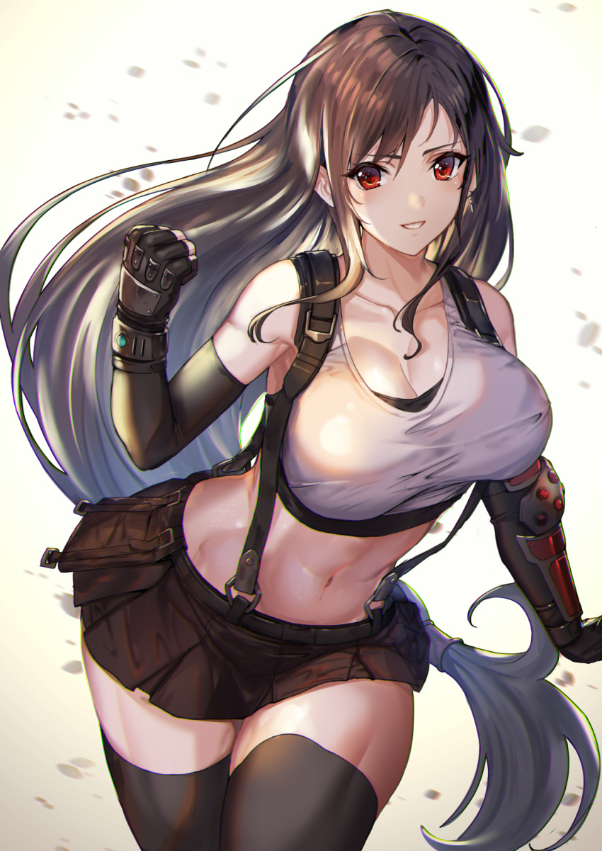 arm_guards bare_shoulders black_hair black_thighhighs bouncing_breasts breasts brown_skirt cleavage clenched_hand collarbone crop_top earrings elbow_gloves female final_fantasy final_fantasy_vii final_fantasy_vii_remake fingerless_gloves gloves hand_up highres jewelry large_breasts leaning_forward long_hair looking_at_viewer low-tied_long_hair matsumoto_mitsuaki miniskirt navel parted_lips red_eyes sidelocks simple_background skirt sleeveless smile solo stomach suspender_skirt suspenders thick_thighs thighhighs thighs tifa_lockhart very_long_hair white_background zettai_ryouiki