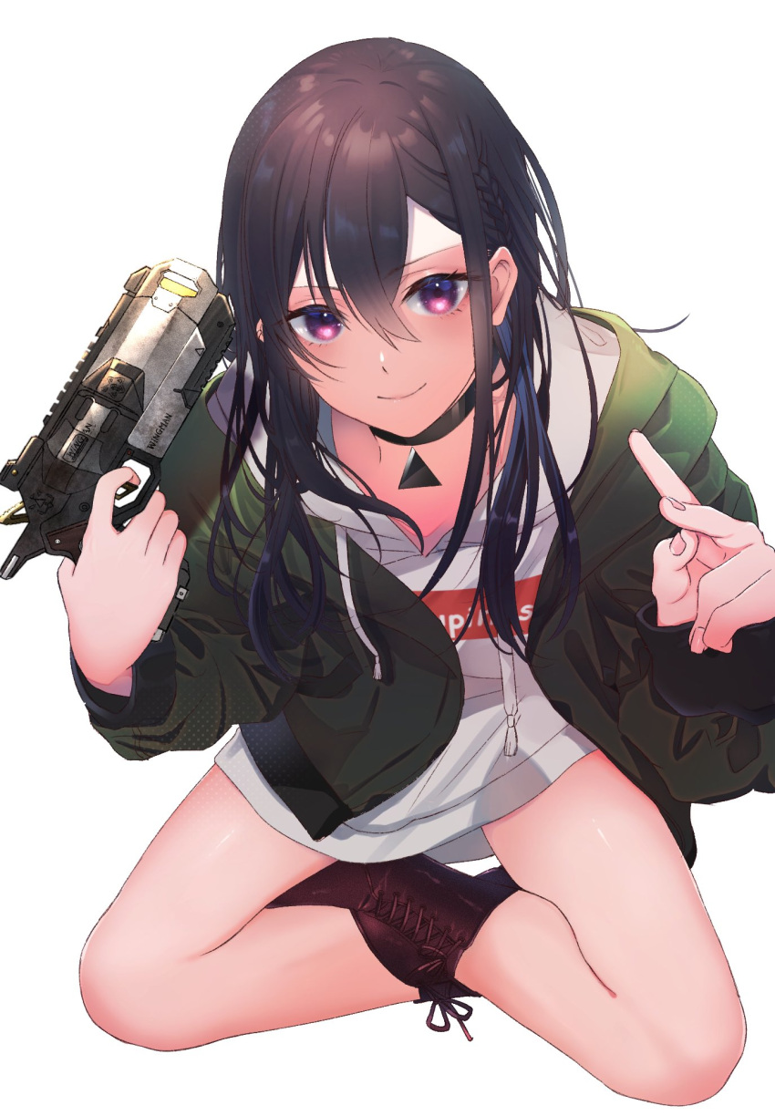 apex_legends b3_wingman black_footwear black_hair boots choker clothes_writing commission female green_jacket gun hair_between_eyes highres holding holding_gun holding_weapon hood hoodie ichinose_uruha ichinose_uruha_(2nd_costume) jacket long_hair lupinus_virtual_games purple_eyes rinto_(rint_rnt) simple_background skeb_commission smile solo v virtual_youtuber vspo! weapon white_background