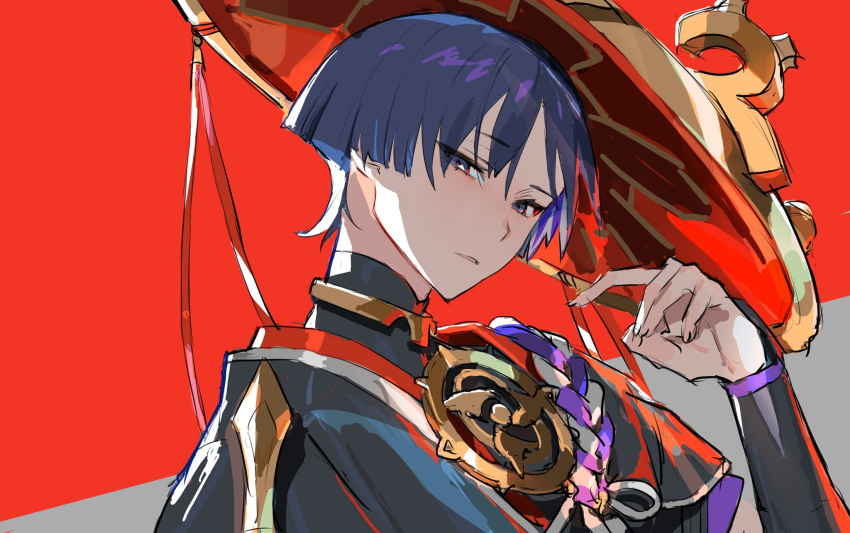 1boy bad_id bad_twitter_id blue_eyes blue_hair genshin_impact hat highres human_homeosta japanese_clothes jingasa long_sleeves male_focus otoko_no_ko parted_lips scaramouche_(genshin_impact) simple_background solo two-tone_background upper_body