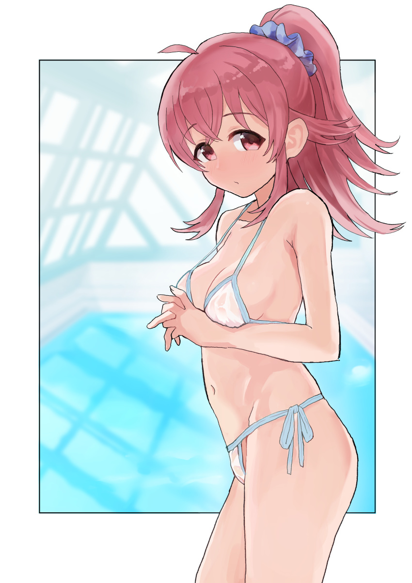 absurdres ahoge bare_arms bare_shoulders bikini breasts cleavage commentary_request cowboy_shot female from_side hair_ornament hair_scrunchie high_ponytail highres idolmaster idolmaster_shiny_colors komiya_kaho labotamochi long_hair looking_at_viewer medium_breasts navel pool red_eyes red_hair rei_no_pool scrunchie side-tie_bikini_bottom solo string_bikini swimsuit white_bikini