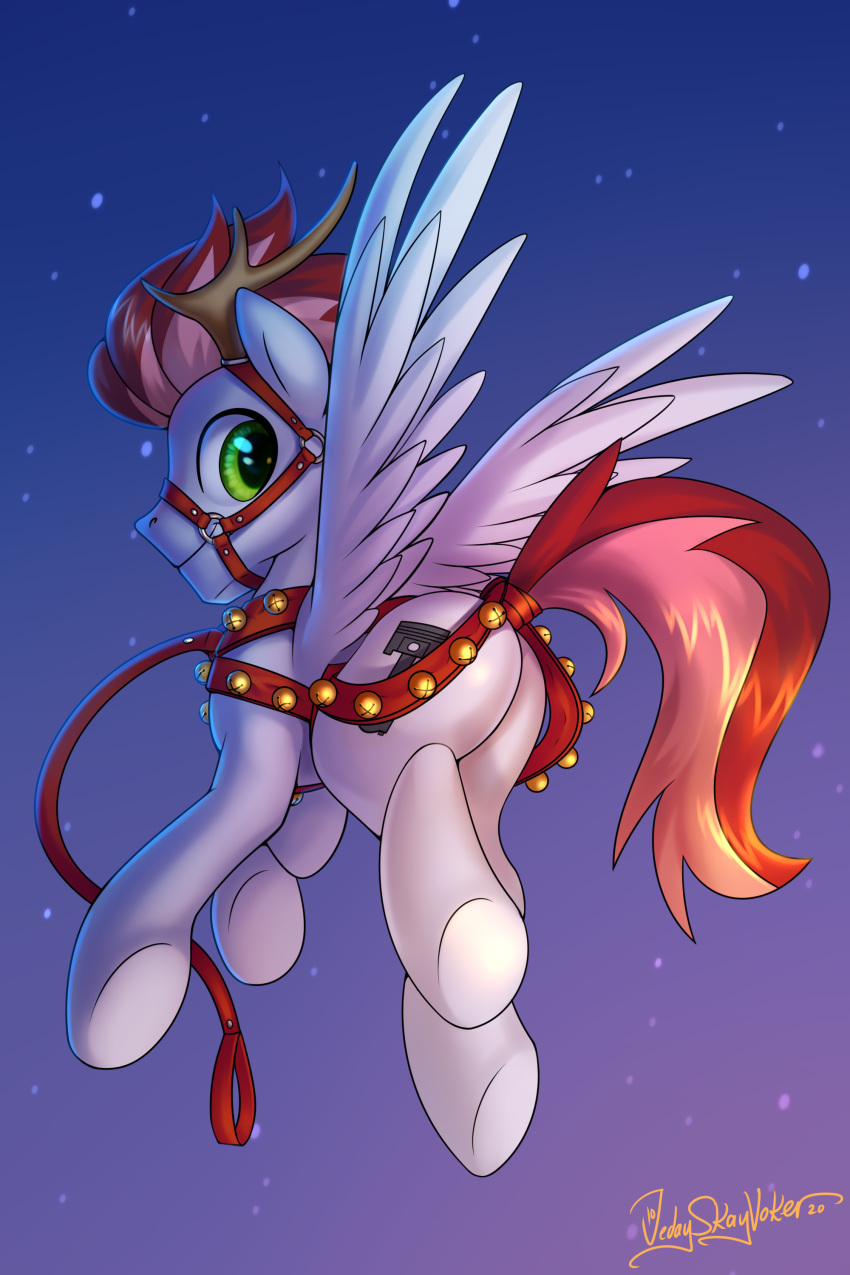 2020 2:3 absurd_res ass bridle cutie_mark english_text equid equine fan_character feathered_wings feathers feral flying fur green_eyes halter harness hasbro hi_res jedayskayvoker leash looking_at_viewer looking_back male mammal mane muzzle_(object) my_little_pony mythological_creature mythological_equine mythology pegasus raised_tail red_mane red_tail signature sky solo spread_wings swift_apex tail tail_wraps text white_body white_feathers white_fur white_wings wings wraps