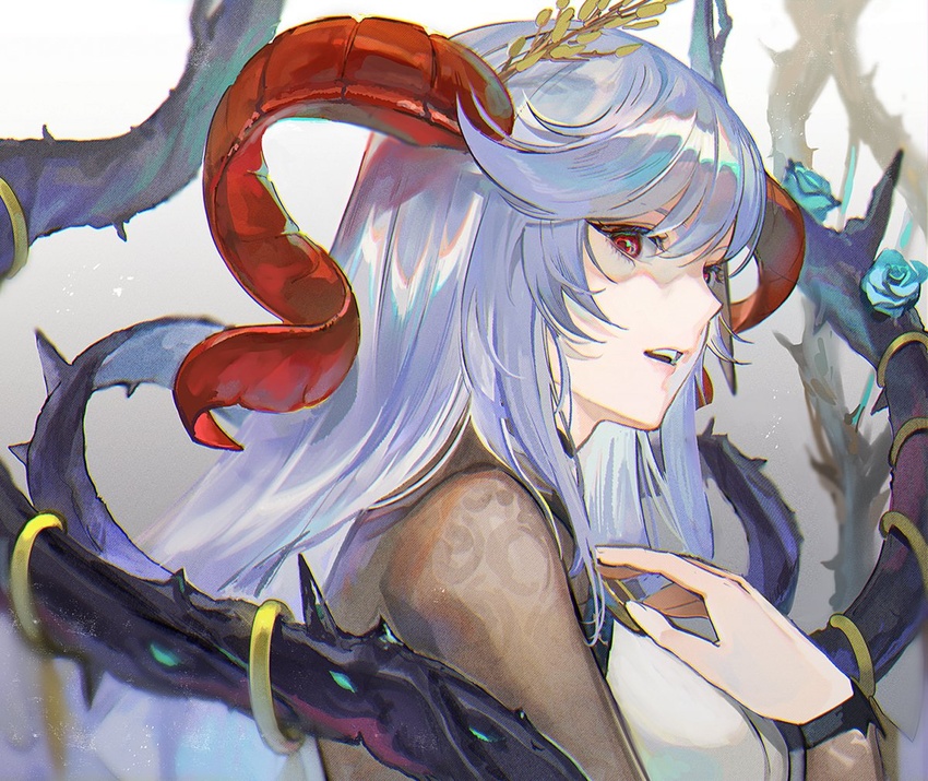 blue_flower blue_rose bodystocking bridal_gauntlets curled_horns female fire_emblem fire_emblem_heroes flower freyja_(fire_emblem) grey_hair horns kyufe long_hair looking_at_viewer looking_to_the_side open_mouth red_eyes red_horns rose simple_background solo teeth thorns upper_body