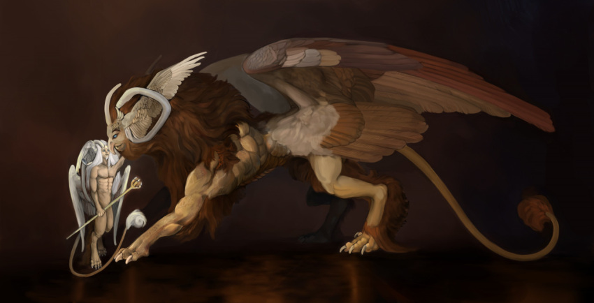 ambiguous_gender angel anthro biceps brown_background brown_body brown_hair classical claws deity demon diorionarh duo eye_contact feathered_wings feathers feral fur hair horn looking_at_another male muscular muscular_male mythology nude paws renaissance simple_background stick tail tail_motion tailwag unknown_species wings