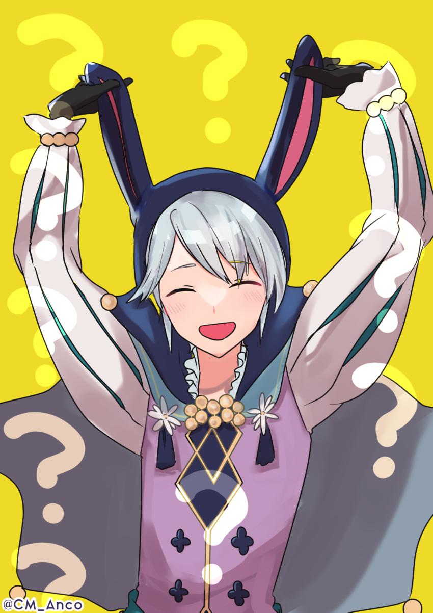 1boy ? animal_ears arms_up closed_eyes cm_anco fake_animal_ears fire_emblem fire_emblem_awakening fire_emblem_heroes gloves grey_hair henry_(fire_emblem) henry_(spring)_(fire_emblem) highres long_sleeves male_focus official_alternate_costume open_mouth rabbit_ears short_hair solo twitter_username upper_body yellow_background