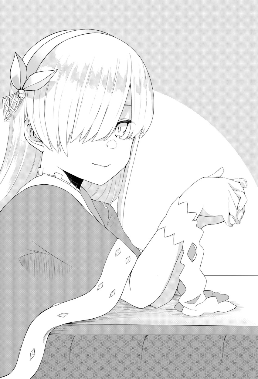 anastasia_(fate) cape fate/grand_order fate_(series) female fingernails greyscale hair_over_one_eye hairband highres kotatsu long_hair monochrome own_hands_together smile solo table tanuki_(siutkm0228)