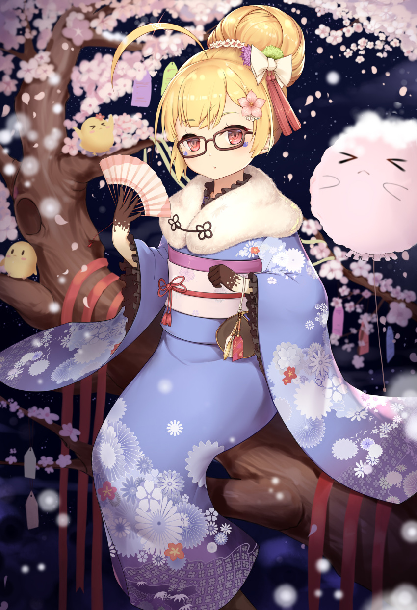 absurdres ahoge azur_lane blonde_hair chinese_commentary commentary_request eldridge_(azur_lane) eldridge_(new_year's_outing)_(azur_lane) facial_mark female folding_fan fur_trim gala_(16901040) glasses hair_bun hair_ornament hairclip hand_fan highres japanese_clothes long_hair official_alternate_costume official_alternate_hairstyle parted_lips single_hair_bun tree very_long_hair