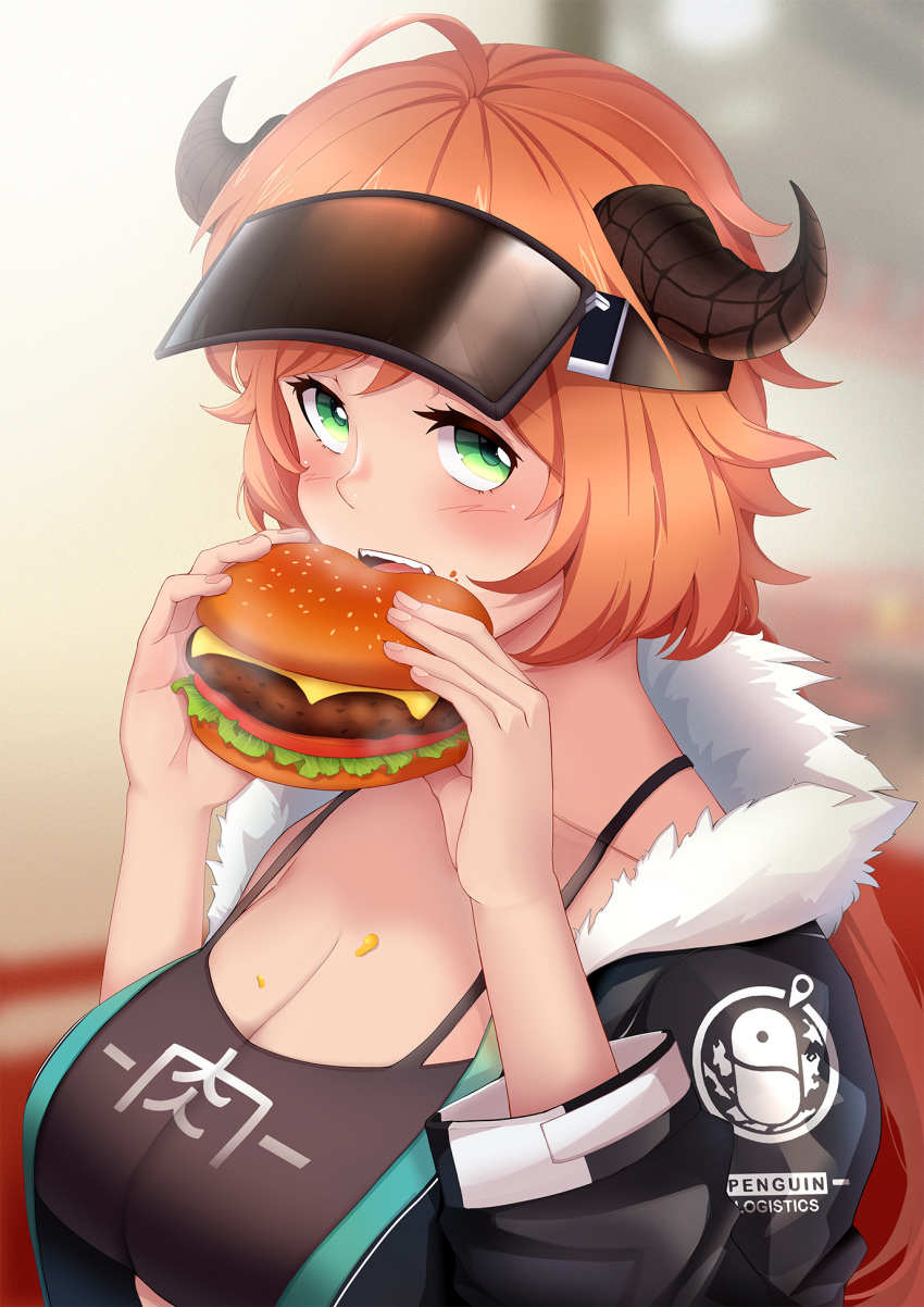 ahoge arknights bandeau black_jacket blurry blurry_background blush breasts burger camisole chinese_commentary cleavage clothes_writing commentary_request croissant_(arknights) eating female food fur-trimmed_jacket fur_trim green_eyes hands_up highres holding holding_food horns jacket large_breasts lenxiao long_hair looking_at_viewer orange_hair partial_commentary penguin_logistics_logo photoshop_(medium) solo spaghetti_strap upper_body visor_cap