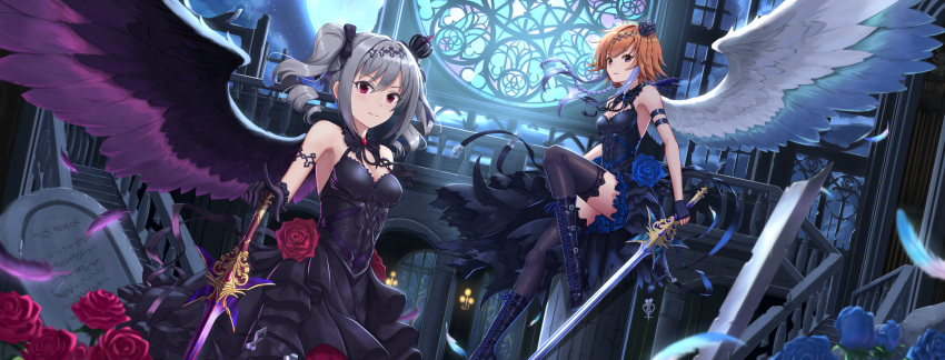 2girls angel_wings arm_strap black_bow black_dress black_gloves black_thighhighs black_wings blue_feathers blue_flower blue_rose bow brown_eyes brown_hair closed_mouth dark_illuminate_(idolmaster) dress feathered_wings feathers fingerless_gloves floating_hair flower gloves gothic_lolita grey_hair hairbow hand_on_hilt highres holding holding_sword holding_weapon idolmaster idolmaster_cinderella_girls idolmaster_cinderella_girls_starlight_stage index_finger_raised kanzaki_ranko lolita_fashion long_hair looking_at_viewer maitake_(maitake1234) multiple_girls ninomiya_asuka purple_feathers red_eyes rose sleeveless sleeveless_dress smile sword thighhighs tombstone twintails weapon white_wings wings zettai_ryouiki