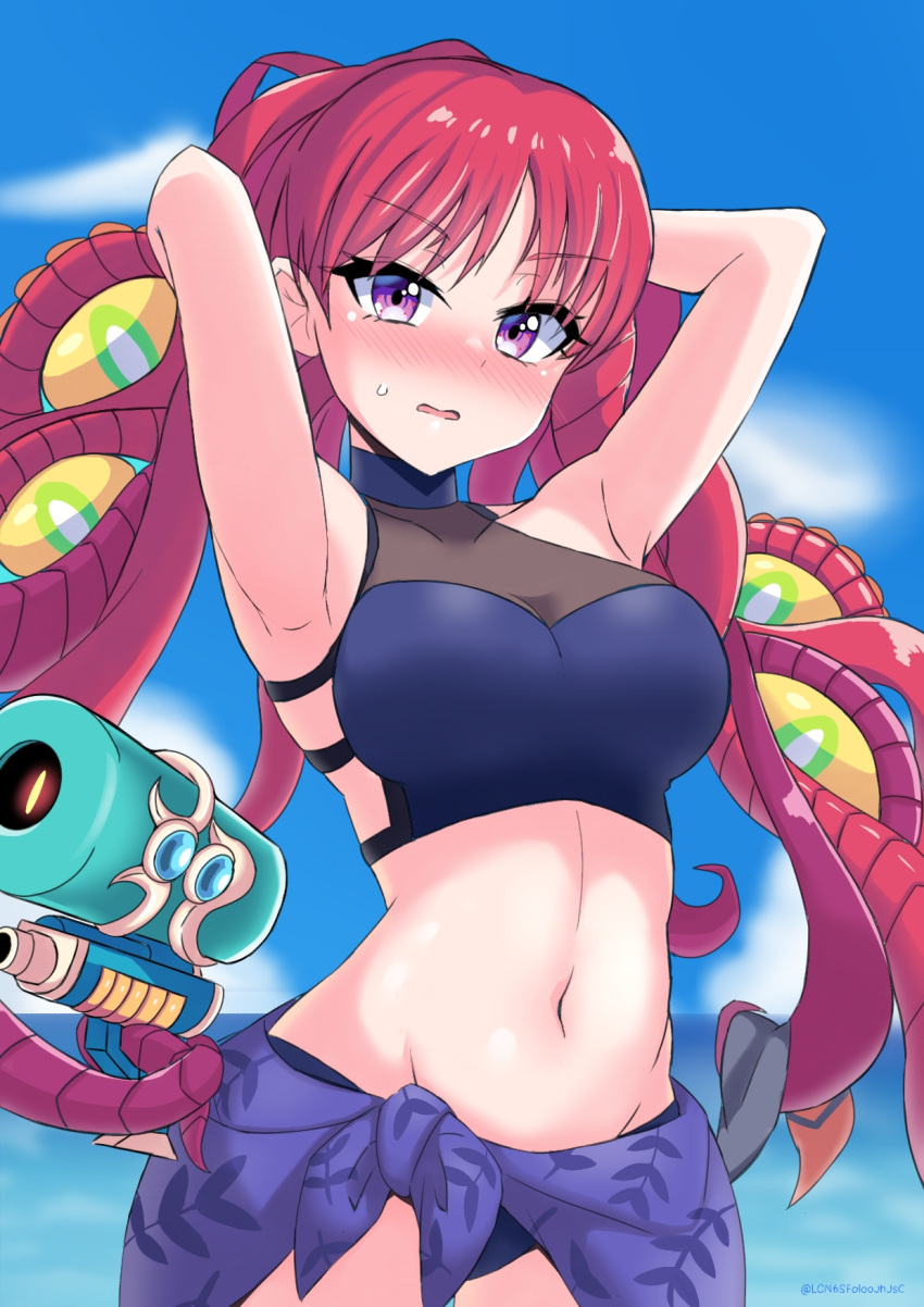 armpits arms_behind_head azathoth_(monster_strike) bikini blush breasts choker cleavage cloud day extra_eyes female highres kobayashi_macchan looking_at_viewer monster_strike ocean outdoors purple_eyes red_hair sky solo stomach sweatdrop swimsuit tentacle tentacle_hair water water_gun