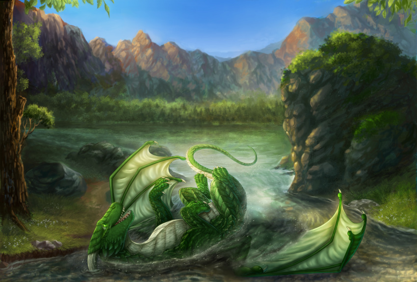 2020 4_claws absurd_res claws day detailed_background digital_media_(artwork) dragon european_mythology feral full-length_portrait ghuran grass green_body green_eyes green_membrane green_scales greeny_(odisaodi) hi_res horn hydlunn leaf lying male membrane_(anatomy) membranous_wings moss mythological_creature mythological_scalie mythology nature on_back open_mouth outside partially_submerged plant portrait rock scales scalie sky smile solo spring tail teeth tongue tree water western_dragon white_body white_claws white_horn white_scales wings