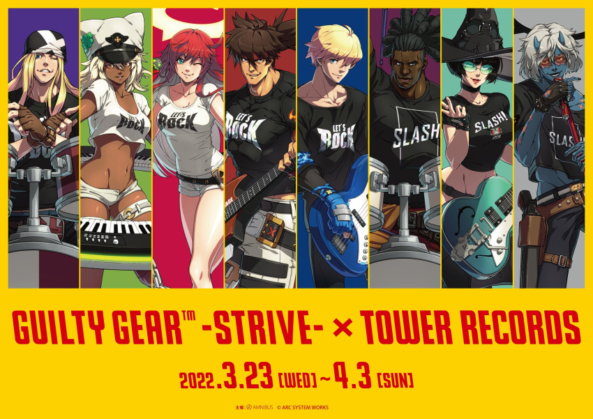 1other 3girls 5boys :d ;d alternate_costume ankh aqua_background aqua_eyes arm_up axl_low backlighting band bandana bass_guitar belt black_hair black_panties black_pants black_shirt blonde_hair blue_background blue_eyes blunt_ends breasts brown_eyes brown_gloves brown_hair chains cleavage closed_mouth collarbone colored_eyelashes colored_inner_hair commentary_request copyright_name copyright_notice cowboy_shot cropped dark-skinned_female dark-skinned_male dark_skin dorpos drum drum_set drumsticks english_text facial_mark fingerless_gloves fire forehead_mark forehead_protector furrowed_brow glasses gloves glowing glowing_eyes green-tinted_eyewear green_background green_eyes grey_background grey_hair grin guilty_gear guilty_gear_strive guilty_gear_strive_x_tower_records guitar gun gyaru hair_between_eyes halo hand_up handgun happy_chaos hat hidehiko_sakamura highres holding holding_instrument holstered horns i-no impossible_clothes impossible_shirt index_finger_raised instrument jack-o'-lantern jack-o'_valentine jitome ky_kiske large_breasts leg_up light_smile long_hair looking_at_viewer matching_outfits medium_breasts medium_hair merchandise merchandise_available messy_hair microphone microphone_stand mole mole_above_mouth multicolored_hair multiple_boys multiple_girls muscular muscular_male music nagoriyuki official_art one_eye_closed open_mouth orange_eyes panties pants piano pink_background pink_lips playing_instrument ponytail promotional_art purple_background ramlethal_valentine red_background red_hair sanpaku scoop_neck shiny_clothes shiny_skin shirt short_hair short_shorts shorts simple_background singing sitting smile sol_badguy spiked_halo standing sunglasses t-shirt tattoo thighs tight_clothes tight_shirt tinted_eyewear toned too_many too_many_belts tower_records tsurime two-tone_hair underwear very_long_hair weapon white_hair white_pants white_shirt white_shorts witch witch_hat x-shaped_eyewear yellow_background