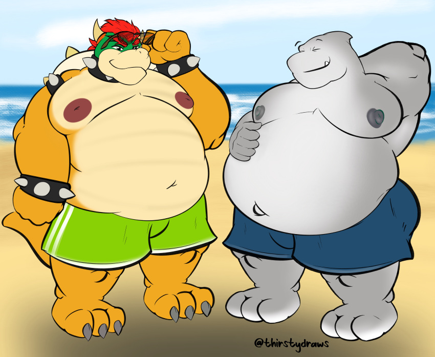 absurd_res anthro ass barazoku beach belly belly_overhang big_belly big_butt big_navel bowser claws clothing collar countershading duo eyewear eyewear_on_head fish grey_body hair hand_behind_head hi_res horn looking_at_viewer male marine mario_bros navel nintendo nipples overweight overweight_anthro overweight_male red_hair sea seaside shark shell shirtless shirtless_male smile snaggle_tooth spikes sunglasses sunglasses_on_head swimming_trunks swimwear teeth thirstydraws toe_claws water yellow_body