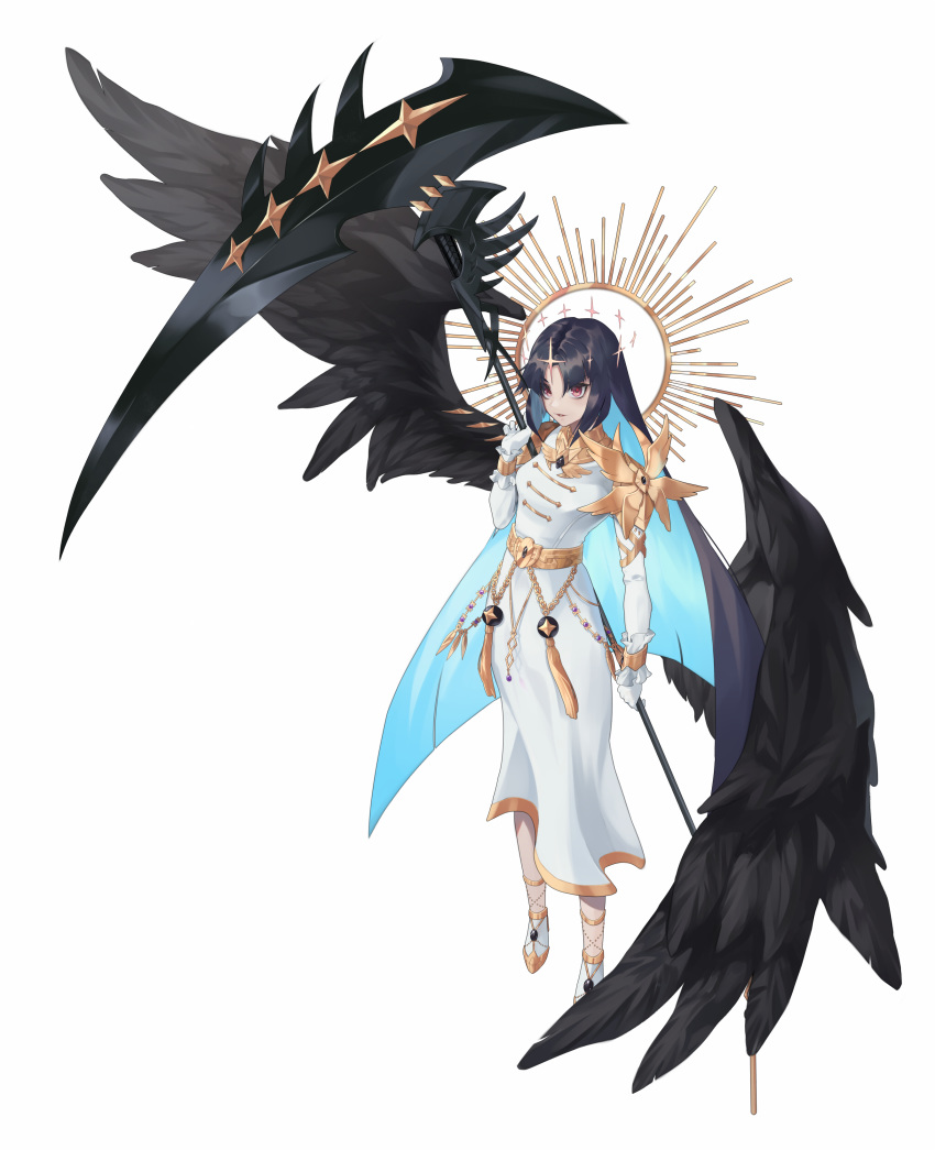 absurdres angel belt black_hair black_wings blue_hair commentary_request dress feathered_wings feathers female floating floating_hair frills full_body gem glint gloves halo highres holding holding_scythe holding_weapon huge_weapon korean_commentary latale light_blue_hair litra_(ltr0312) lower_teeth_only multicolored_hair parted_lips scythe simple_background smile solo teeth tongue weapon white_background white_dress white_gloves wings