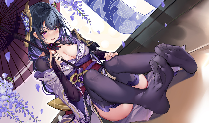 absurdres blush breasts commentary_request feet female flower foot_focus full_body genshin_impact hair_ornament highres japanese_clothes kikimi kimono large_breasts long_hair long_sleeves nail_polish no_shoes parted_lips partial_commentary petals purple_eyes purple_hair purple_kimono purple_nails purple_thighhighs raiden_shogun see-through see-through_legwear sitting smile soles solo thighhighs thighs toes wide_sleeves