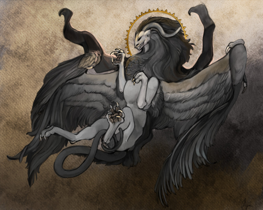 ambiguous_gender biceps black_body black_hair brown_background classical claws dark_body deity demon diorionarh feathered_wings feathers feral fur grey_body hair horn male muscular muscular_male mythology paws renaissance simple_background smile smirk solo tail tail_motion tailwag unknown_species wings