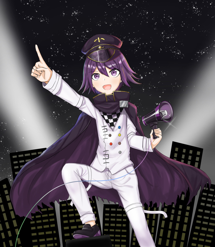 1boy artistic_error bad_hands black_hair building cape checkered_clothes checkered_scarf chiem danganronpa_(series) danganronpa_v3:_killing_harmony extra_digits hat highres male_focus oma_kokichi open_mouth peaked_cap purple_eyes purple_hair scarf shoes short_hair sky skyscraper solo star_(sky) starry_sky straitjacket