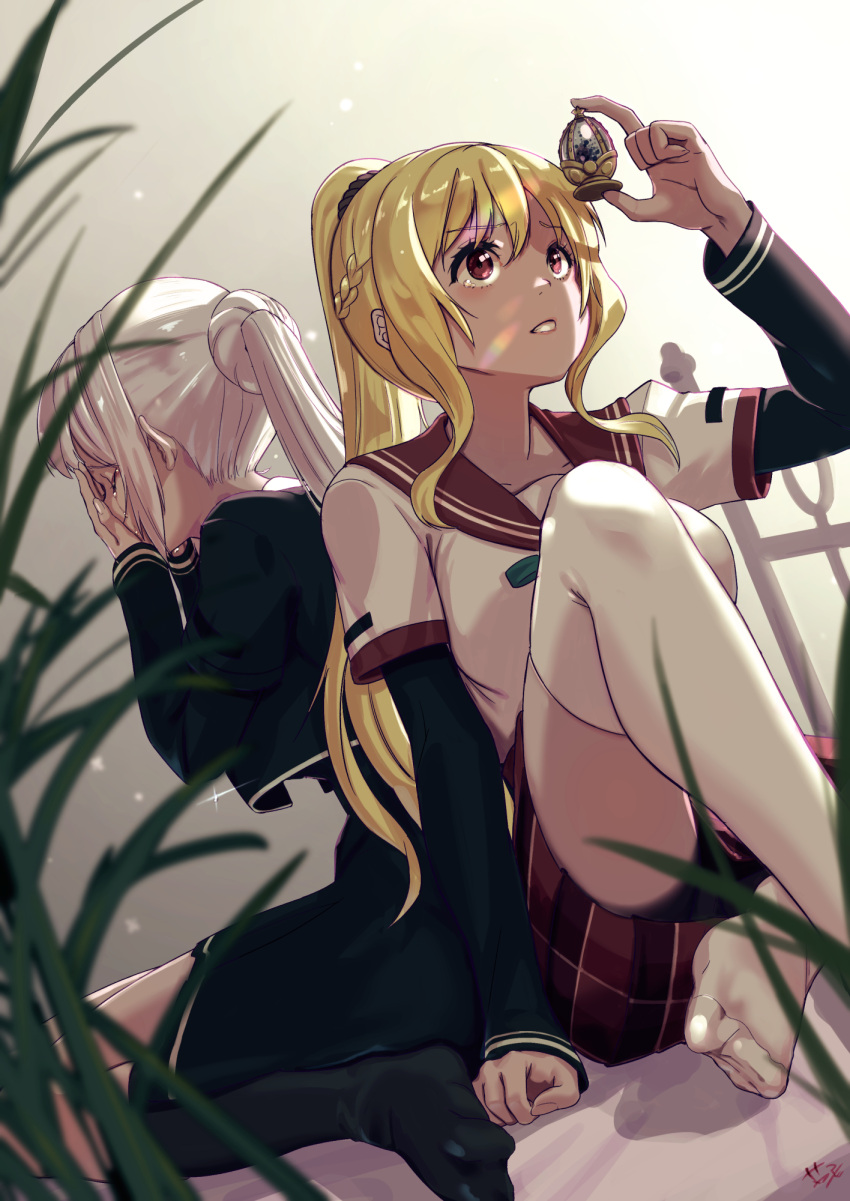 2girls back-to-back blonde_hair crying daito_academy_school_uniform grass highres kamihama_university_affiliated_school_uniform layered_sleeves long_hair long_sleeves magia_record:_mahou_shoujo_madoka_magica_gaiden mahou_shoujo_madoka_magica multiple_girls nanakamado ponytail red_eyes sailor_collar school_uniform serafuku shirt short_over_long_sleeves short_sleeves soul_gem togame_momoko white_hair white_shirt yakumo_mitama