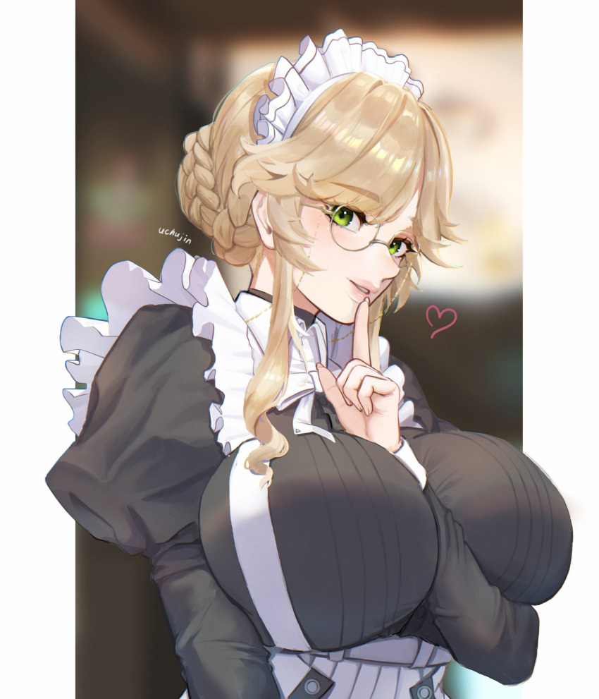 ade_(nikke) apron arm_between_breasts artist_name between_breasts blonde_hair blurry bow bowtie braid breasts chest_harness commentary_request depth_of_field eyewear_strap female finger_to_mouth glasses goddess_of_victory:_nikke green_eyes harness heart highres huge_breasts juliet_sleeves light_blush lips long_sleeves looking_at_viewer maid maid_headdress nose parted_lips puffy_sleeves shushing sidelocks solo uchujin_416 upper_body white_bow white_bowtie