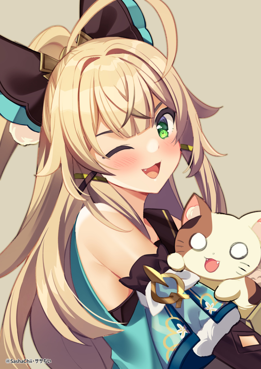 :d ahoge bare_shoulders blonde_hair blunt_bangs blush crossed_bangs detached_sleeves feline female flipped_hair from_side genshin_impact green_eyes hair_between_eyes hair_ornament highres kirara_(genshin_impact) long_hair looking_at_viewer looking_to_the_side oerba_yun_fang one_eye_closed open_mouth ponytail sasha_chii simple_background sleeveless smile solo upper_body x_hair_ornament yellow_background