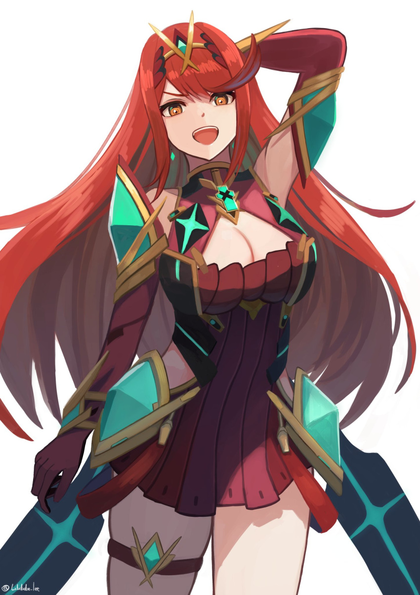 arm_behind_head bare_legs bare_shoulders breasts brown_eyes chest_jewel cleavage cleavage_cutout clothing_cutout commentary core_crystal_(xenoblade) cosplay cowboy_shot dress female highres labebebe_lee large_breasts long_hair mythra_(xenoblade) official_alternate_color palette_swap pyra_(xenoblade) pyra_(xenoblade)_(cosplay) red_dress red_hair short_dress simple_background solo tiara white_background xenoblade_chronicles_(series) xenoblade_chronicles_2