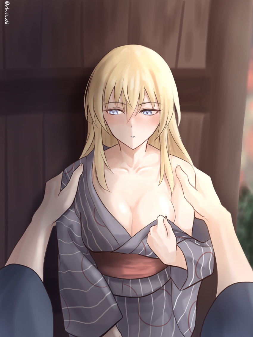 1boy absurdres alternate_costume atodashi bismarck_(kancolle) blonde_hair blue_eyes breasts female grey_kimono hair_between_eyes highres japanese_clothes kantai_collection kimono large_breasts long_hair obi off_shoulder pov sash solo_focus striped_clothes striped_kimono vertical-striped_clothes vertical-striped_kimono very_long_hair yukata