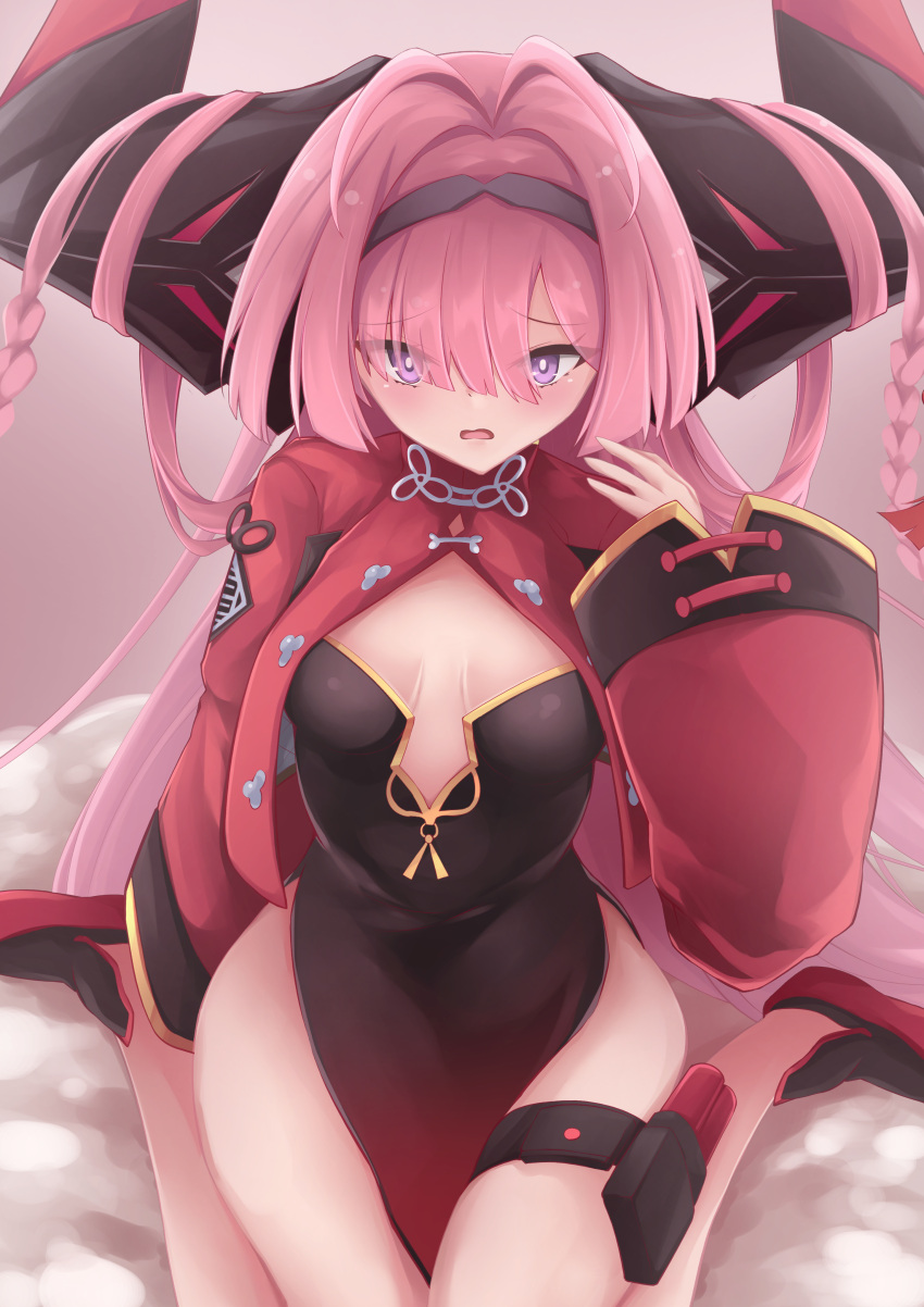 absurdres azur_lane braid breasts china_dress chinese_clothes commentary_request dress eyes_visible_through_hair female hair_on_horn hair_over_one_eye highres holster horns huge_horns long_hair long_sleeves looking_at_viewer mechanical_horns multicolored_horns official_alternate_costume osatou_(soul_of_sugar) partial_commentary pelvic_curtain pink_hair prinz_rupprecht_(azur_lane) prinz_rupprecht_(the_gate_dragon_advent)_(azur_lane) purple_eyes red_shrug small_breasts solo thigh_holster two-tone_horns very_long_hair