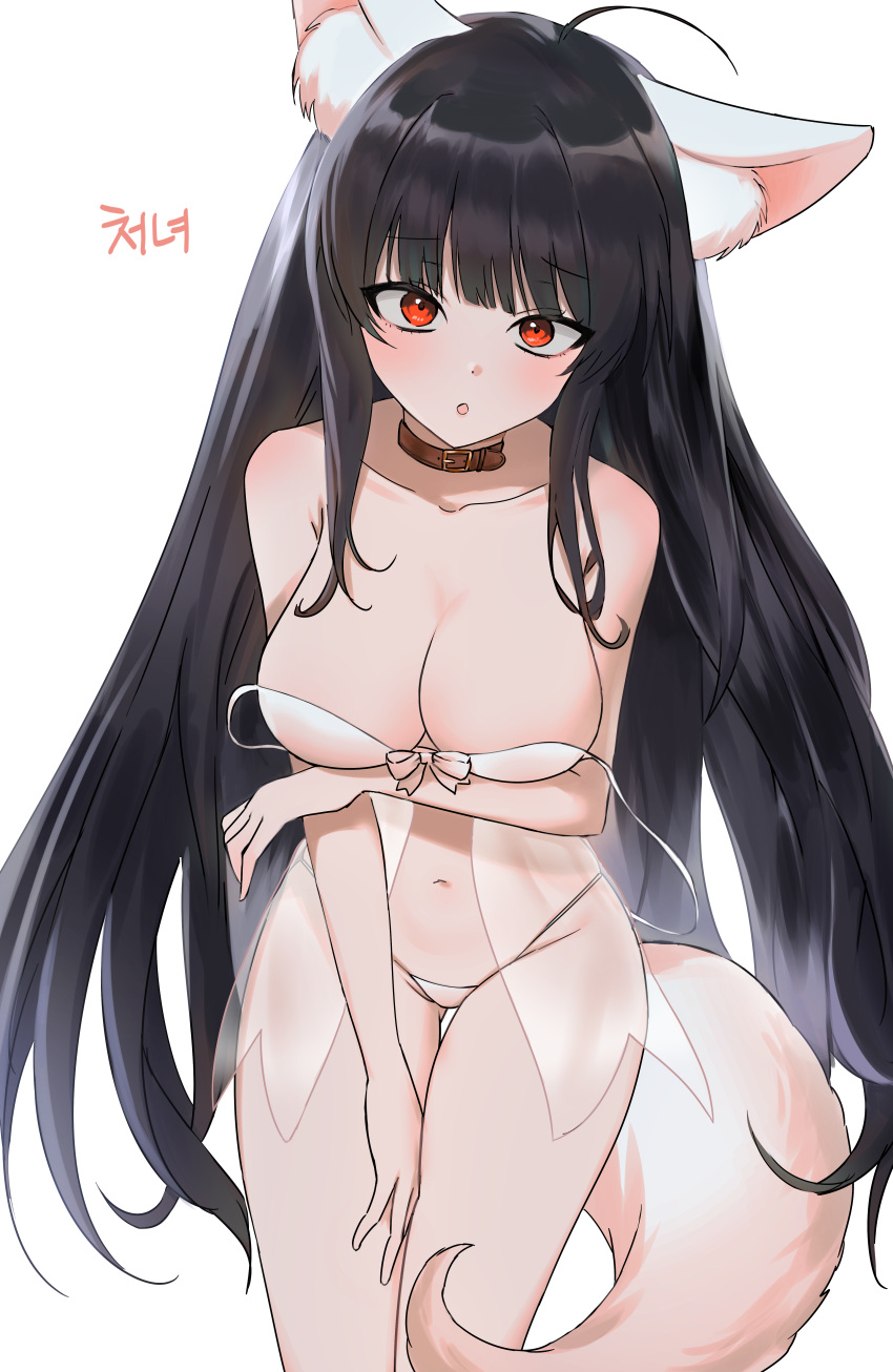 :o absurdres ahoge animal_ear_fluff animal_ears arm_under_breasts artist_name bare_shoulders black_hair blush breasts brown_choker choker commission dungeon_and_fighter english_commentary female highres large_breasts long_hair looking_at_viewer myuu_(2myuu2) negligee open_mouth original panties pixiv_commission red_eyes simple_background solo standing stomach tail thighs underwear underwear_only white_background white_negligee white_panties