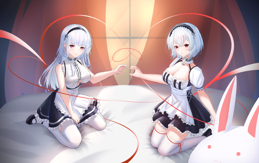 2girls absurdres anchor_choker apron azur_lane bare_shoulders black_hairband breasts center_frills choker cleavage clothing_cutout dido_(azur_lane) earrings frilled_choker frills grey_hair hairband heart heart_earrings heart_hands heart_hands_duo highres jewelry lace-trimmed_hairband lace_trim large_breasts looking_at_viewer multiple_girls puffy_short_sleeves puffy_sleeves purple_eyes red_eyes short_hair short_sleeves sirius_(azur_lane) sleeveless string string_of_fate thighhighs thunder-35 underboob underboob_cutout waist_apron white_apron white_hair white_thighhighs zettai_ryouiki