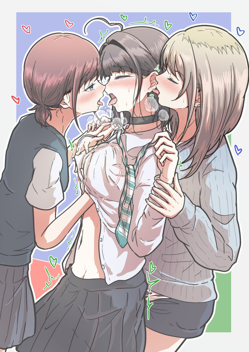 3girls 5tb ahoge awa_subaru black_hair blonde_hair blue_eyes breasts brown_hair choker french_kiss from_side girl_sandwich girls_band_cry highres holding_hands iseri_nina kawaragi_momoka kissing licking licking_ear long_hair medium_breasts midriff multiple_girls navel necktie pleated_skirt saliva sandwiched school_uniform shirt short_hair short_shorts shorts skirt sweater unbuttoned unbuttoned_shirt undressing yuri