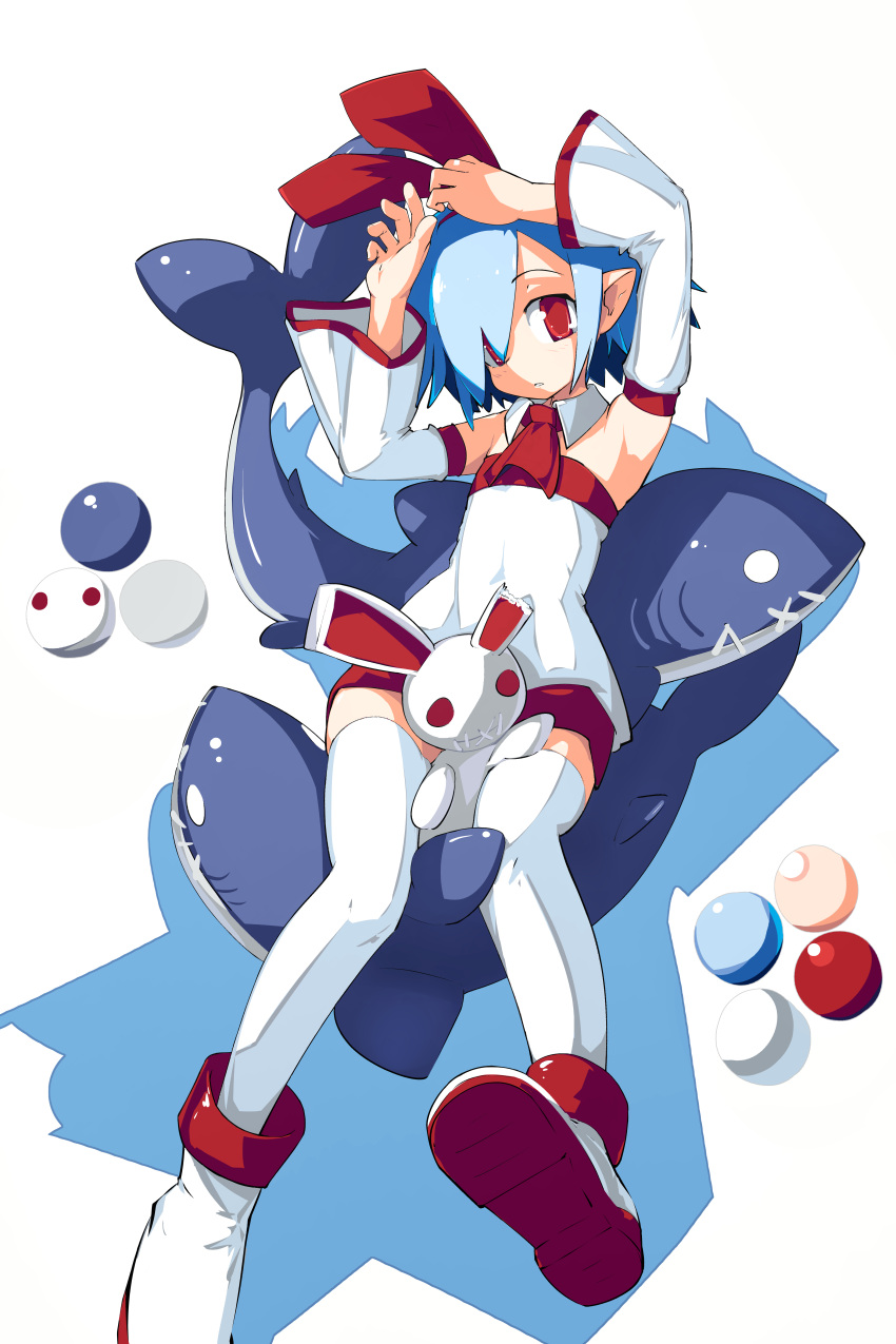 absurdres ascot blue_hair boots bow color_guide detached_collar detached_sleeves disgaea dress female hair_over_one_eye highres looking_at_viewer lying parted_lips platinum_(mantafriend) pleinair pointy_ears red_ascot red_bow red_eyes same-san simple_background solo strapless strapless_dress stuffed_animal stuffed_rabbit stuffed_shark stuffed_toy thighhighs usagi-san white_background white_footwear white_thighhighs