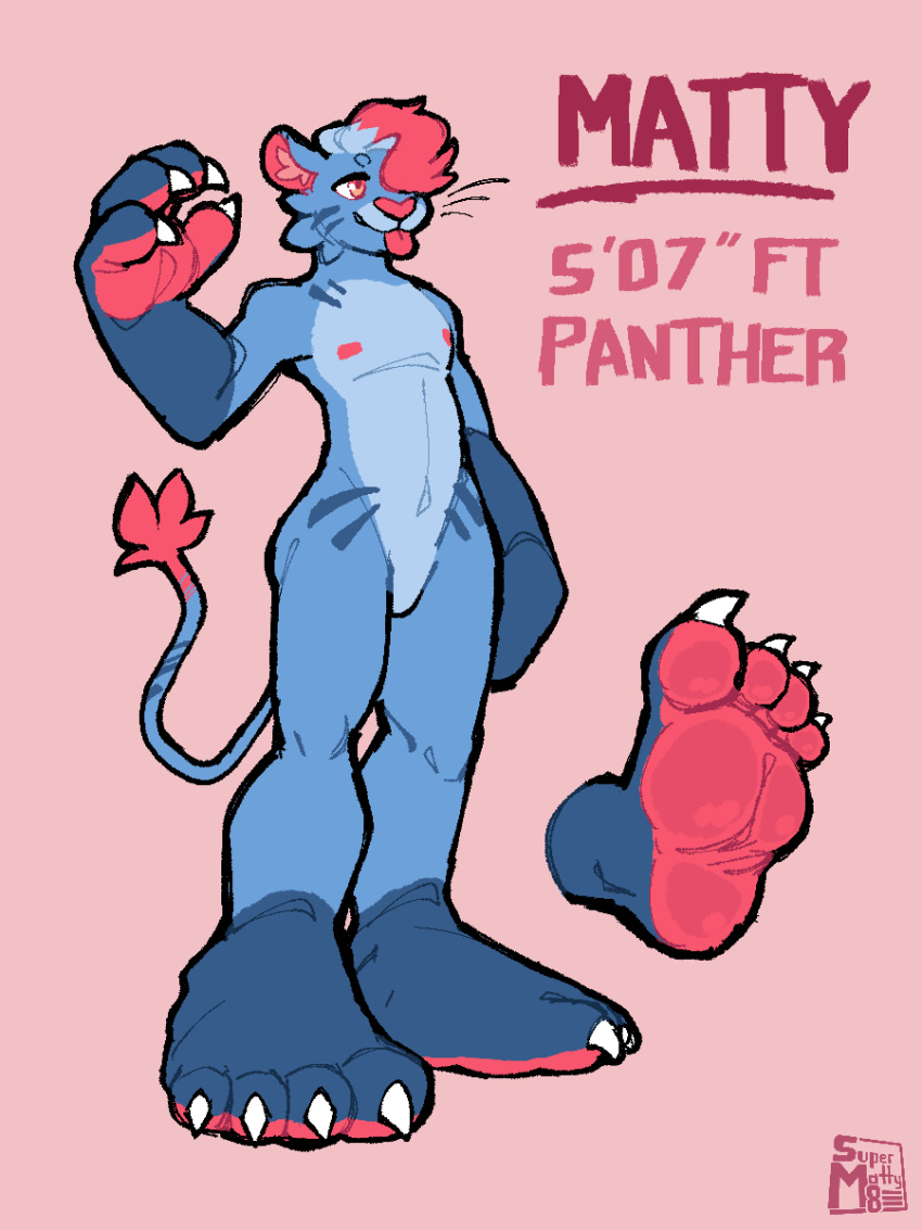 2024 3:4 4_toes absurd_res anthro areola big_feet big_hands biped blue_body blue_fur claws english_text featureless_crotch feet felid finger_claws flat_colors fur hair hair_over_eye height hi_res inner_ear_fluff leg_markings male mammal markings matty_(supermattym8) model_sheet pantherine red_areola red_eyes red_inner_ear red_inner_ear_fluff red_nose simple_background socks_(marking) soles solo standing supermattym8 text toe_claws toes tongue tongue_out tuft white_claws