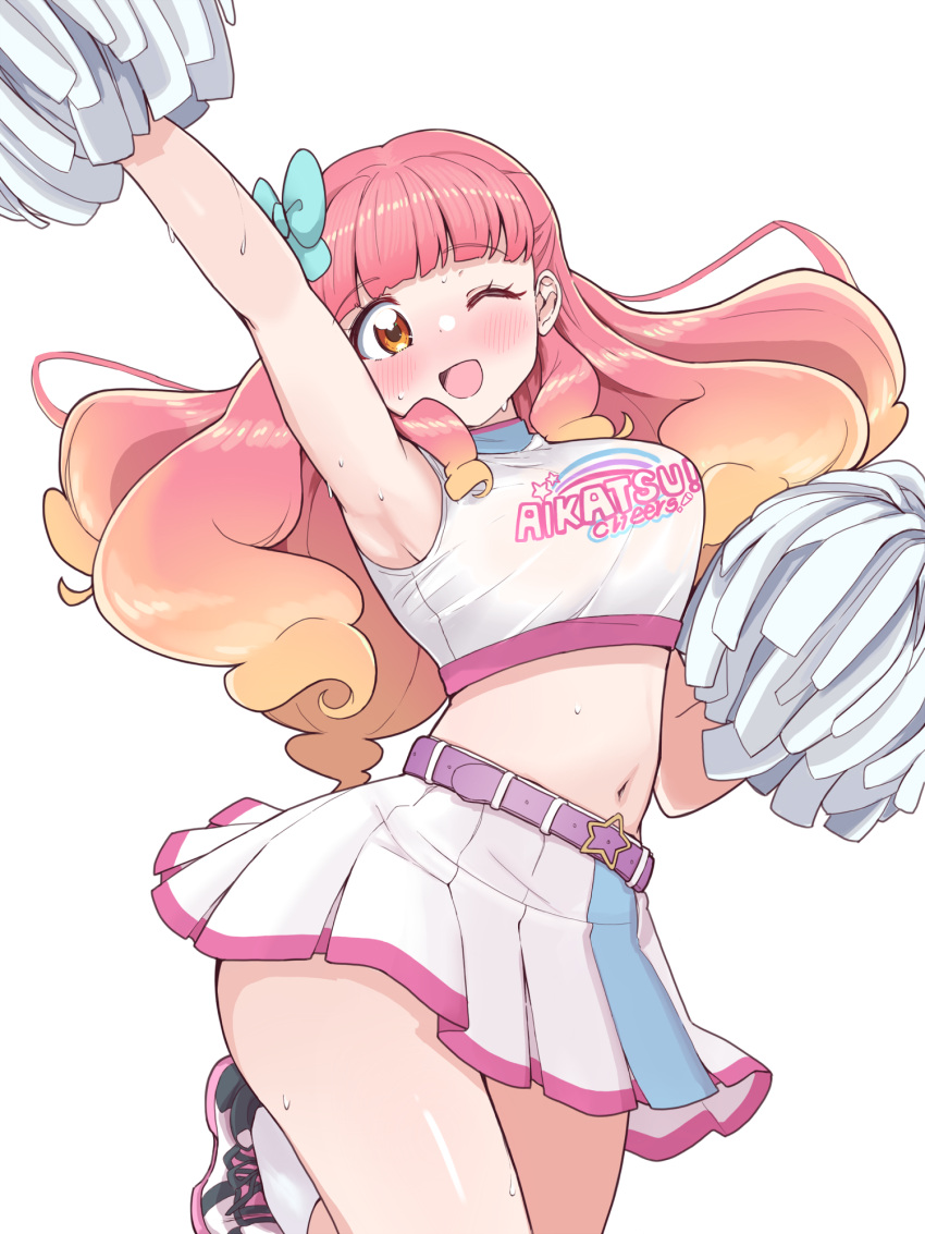 :d aikatsu!_(series) aikatsu_friends! alternate_body_size alternate_breast_size arm_up armpits bare_arms belt blue_bow blunt_bangs blush bow breasts cheerleader cowboy_shot cropped_shirt curly_hair curvy dot_nose english_text female hairbow hand_up highres large_breasts long_hair looking_at_viewer midriff miniskirt navel one_eye_closed orange_eyes orange_hair pink_footwear pink_hair pleated_skirt pom_pom_(cheerleading) print_shirt shirt shoes skirt sleeveless sleeveless_shirt smile socks solo standing standing_on_one_leg sweat tatsuya_(tatuya031200) white_shirt white_socks yuki_aine